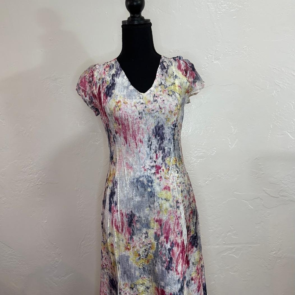 Cap-Sleeve V-Neck Floral Print Midi Dress in Multi #5038